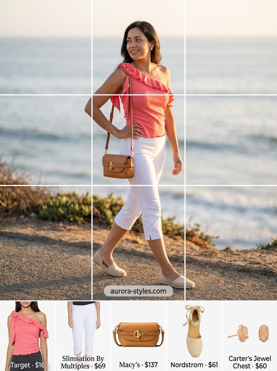 Sweet & Simple one shoulder top outfit for women 2026: Pastel pink ruffled top, white capris, nude espadrilles, rose gold earrings.