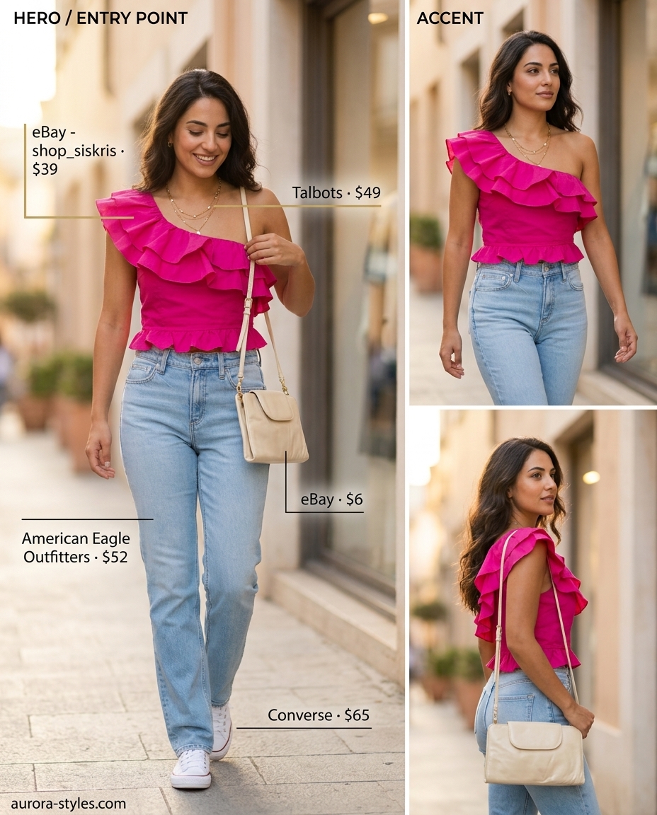 Weekend Brunch one shoulder top outfit for women 2026: Blush pink top, denim jeans, white sneakers, cream bag, gold necklaces.