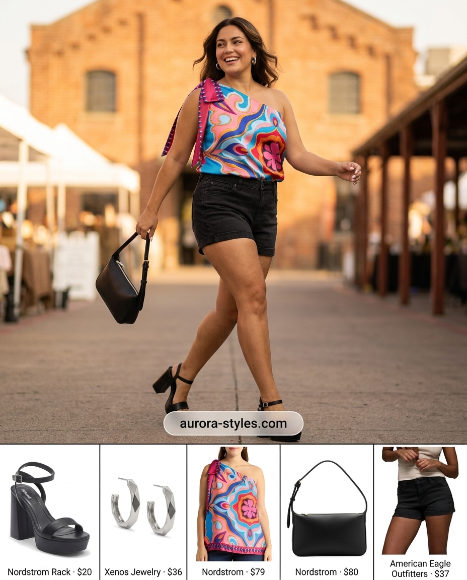 Playful abstract print one-shoulder top with denim shorts for summer One Shoulder Neck outfits for women 2026.
