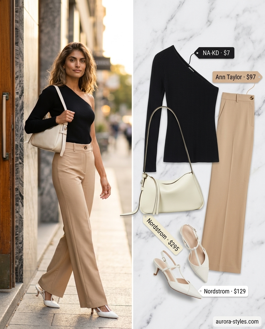 Polished black one-shoulder top with beige trousers for summer One Shoulder Neck outfits for women 2026.