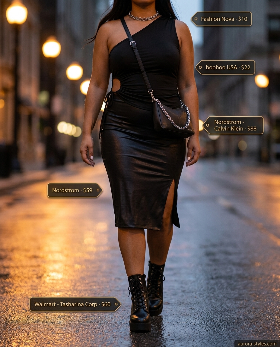 Edgy black one-shoulder top with faux leather skirt for summer One Shoulder Neck outfits for women 2026.