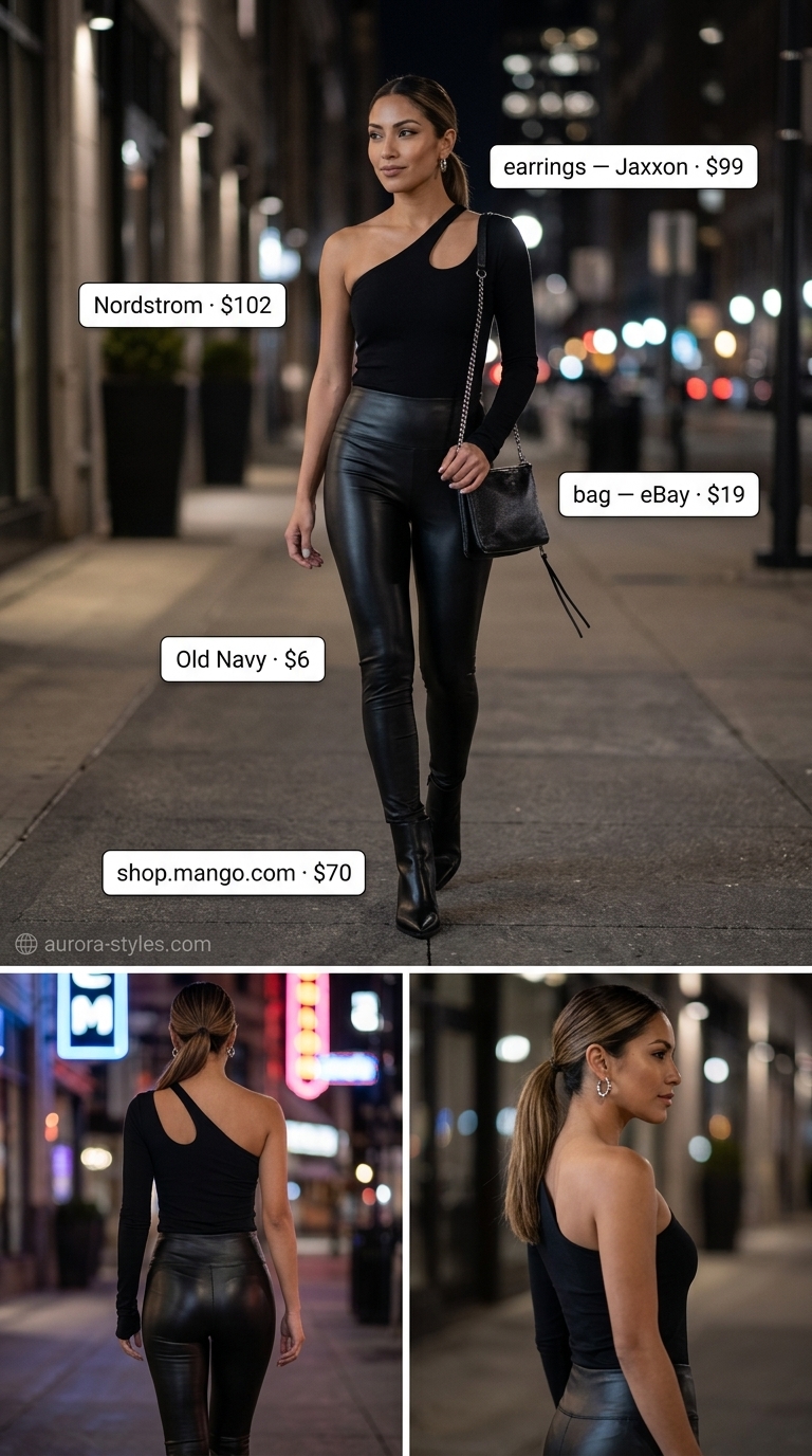 Edgy black one-shoulder long-sleeve top with faux leather leggings for summer One Shoulder Neck outfits for women 2026.