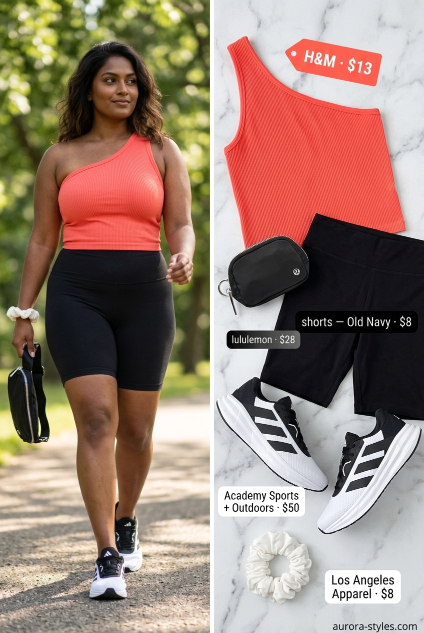 Coral one-shoulder sports bra with black bike shorts for summer One Shoulder Neck outfits for women 2026.