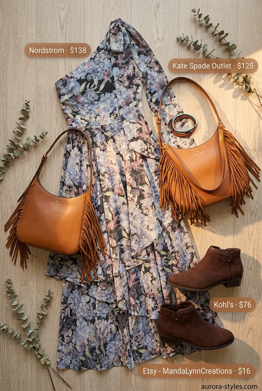 Boho floral one-shoulder maxi dress with ankle boots for summer One Shoulder Neck outfits for women 2026.