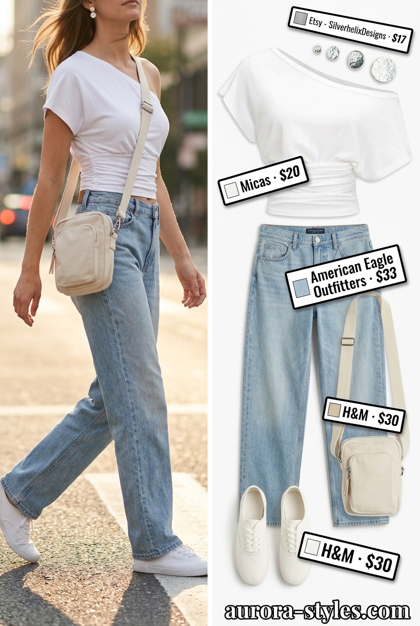 Casual heather grey one-shoulder t-shirt with denim jeans for summer One Shoulder Neck outfits for women 2026.