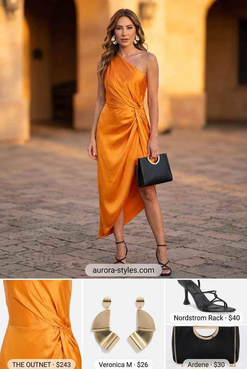 Glamorous sunset orange one-shoulder slip dress for summer One Shoulder Neck outfits for women 2026.