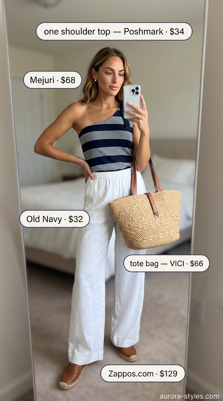 Nautical navy and white striped one-shoulder top with linen pants for summer One Shoulder Neck outfits for women 2026.