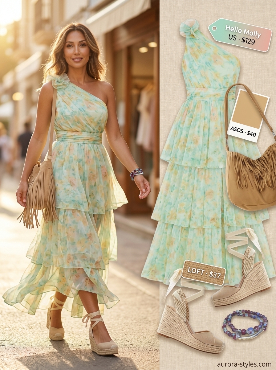 Boho beach summer one shoulder outfits for women 2026: Multicolor floral maxi dress with fringe bag & espadrilles.