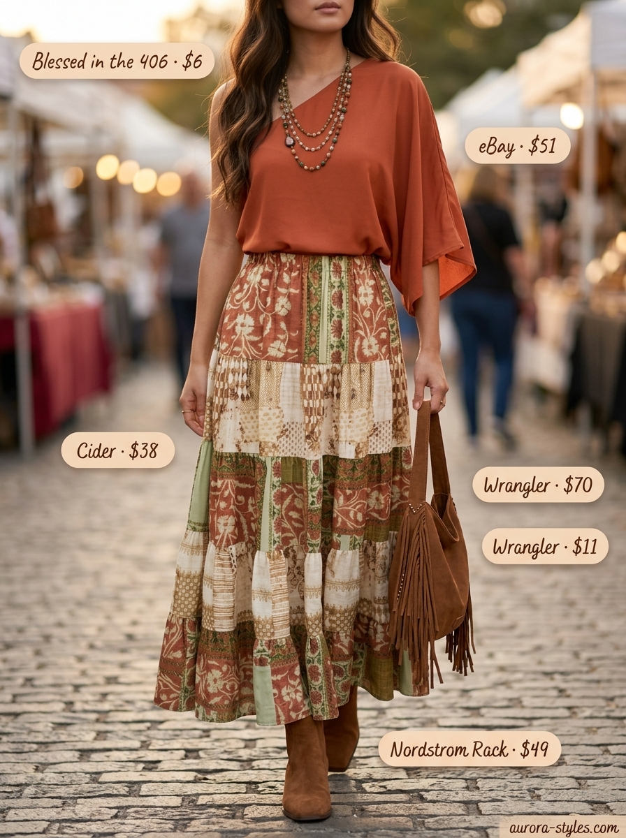 Boho summer one shoulder outfits for women 2026: Terracotta peasant top, tiered maxi skirt, suede boots & fringe bag.