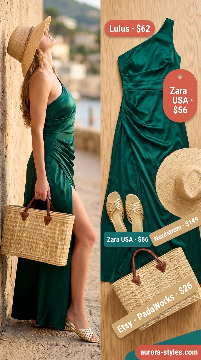 Chic resort summer one shoulder outfits for women 2026: Emerald green maxi dress with straw hat & tote.