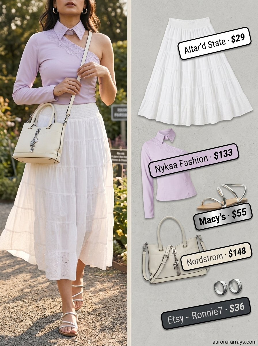Romantic summer one shoulder outfits for women 2026: Lavender top with white midi skirt & silver sandals.