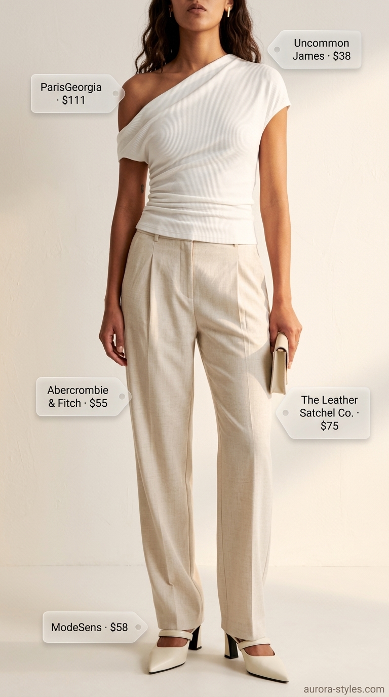 Modern minimalist summer one shoulder outfits for women 2026: Ivory knit top with cream trousers & mules.