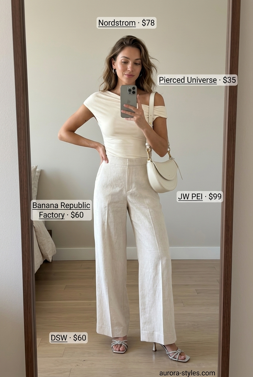 Monochrome summer one shoulder outfits for women 2026: Ivory top with cream wide-leg pants & silver heels.