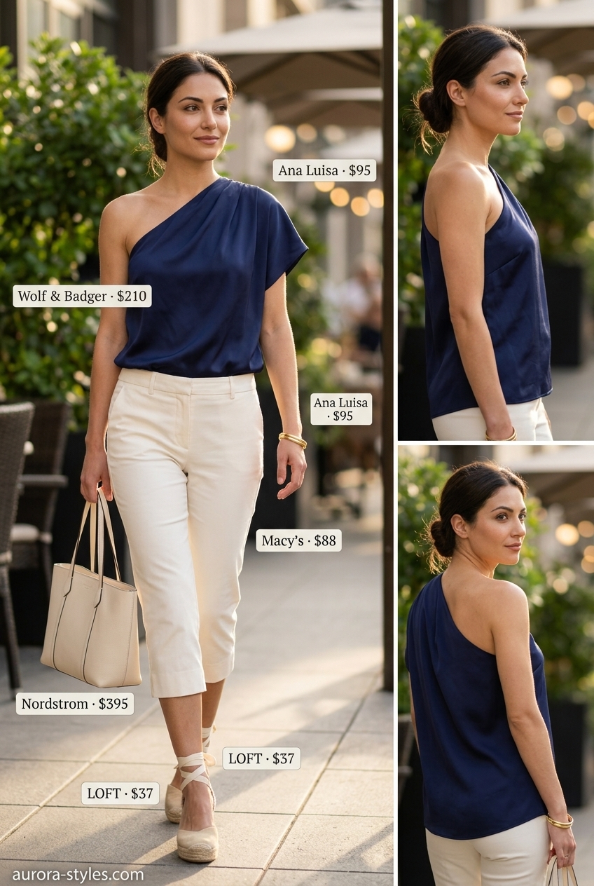Sophisticated summer one shoulder outfits for women 2026: Navy blouse with white capris, wedges & tote.