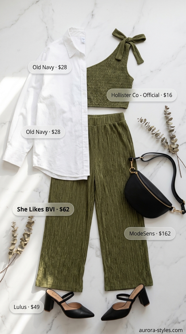 Urban explorer summer one shoulder outfits for women 2026: Olive green set with white shirt & black belt bag.