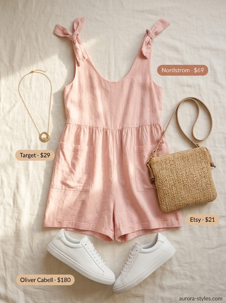 Sweet blush pink romper for summer outfits for women 2026. Casual day out look with white sneakers, straw bag, and gold necklace.