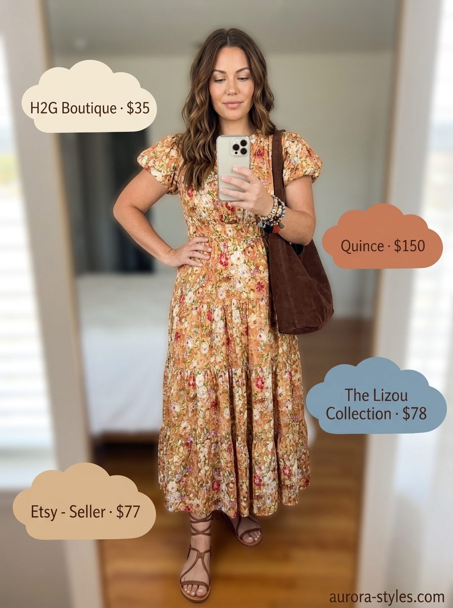 Bohemian terracotta maxi dress outfit for women 2026, styled with gladiator sandals and a suede crossbody bag.