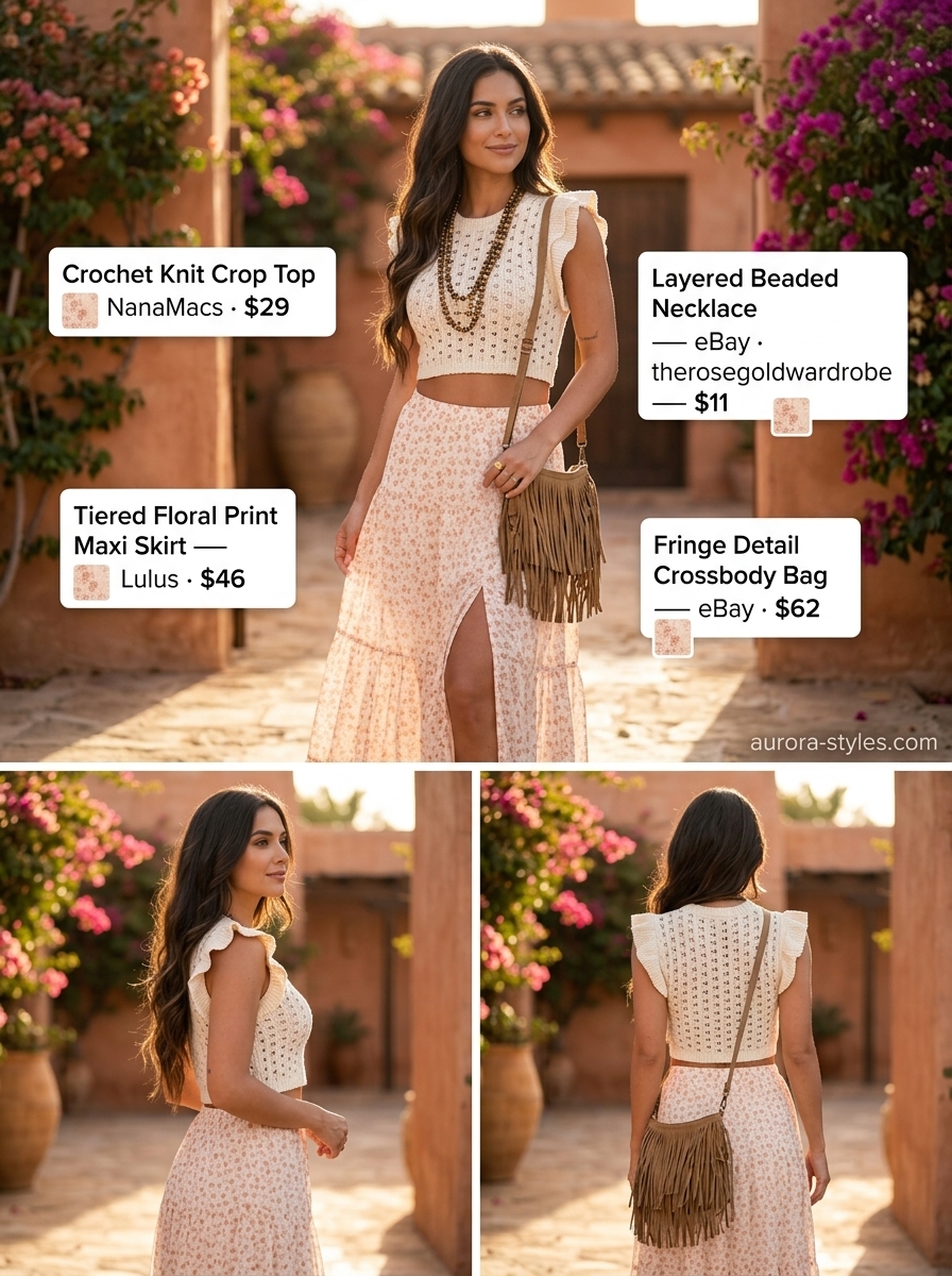 Boho floral maxi skirt outfit for women 2026, perfect for festivals and summer concerts.