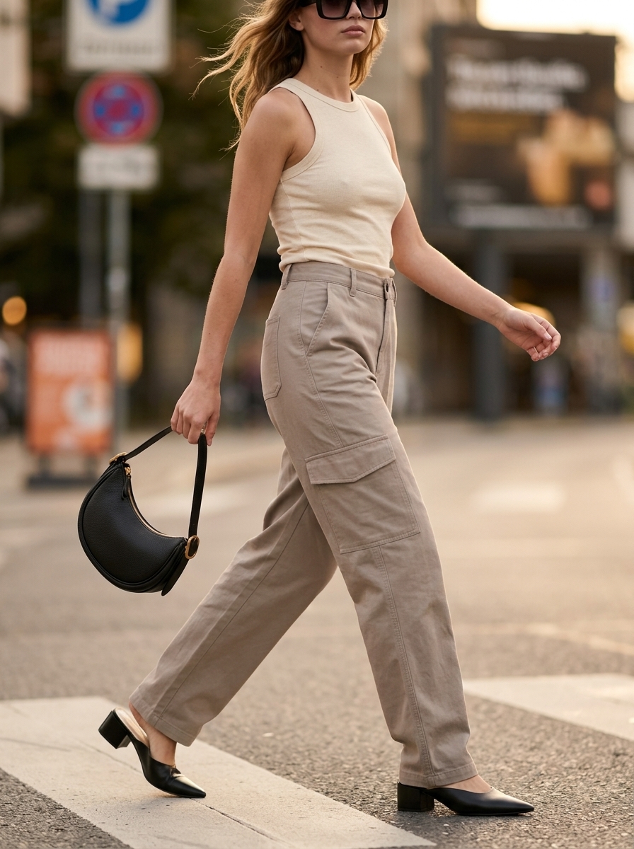 Chic taupe cargo pants outfit for women 2026, paired with cream tank and black accessories for a relaxed day out.