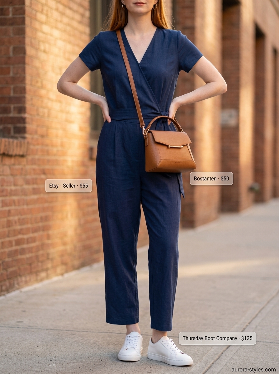 Chic navy blue linen romper outfit for women 2026, ideal for city outings and brunch.