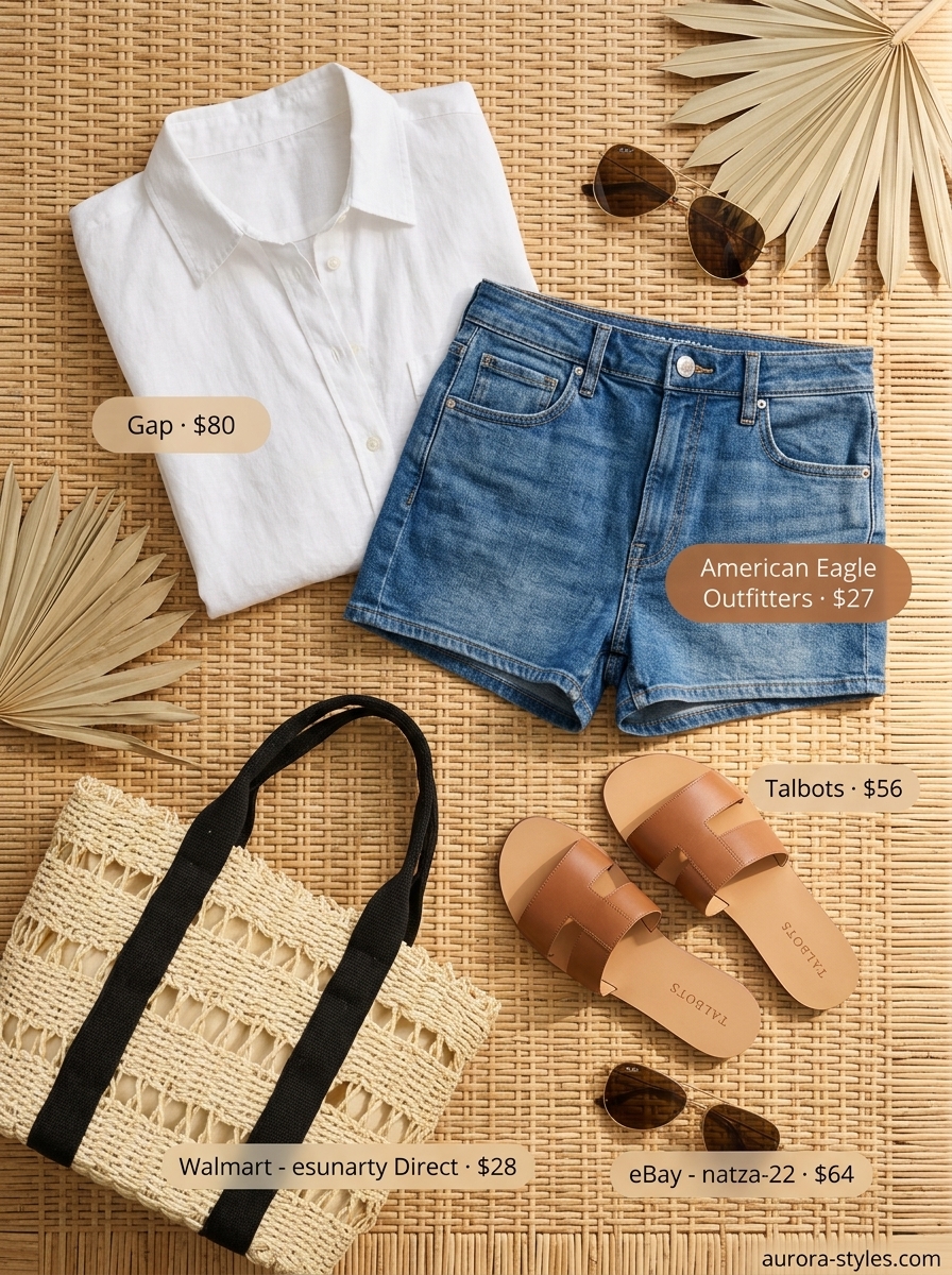 Casual blue denim shorts outfit for women 2026, perfect for beach days and summer errands.
