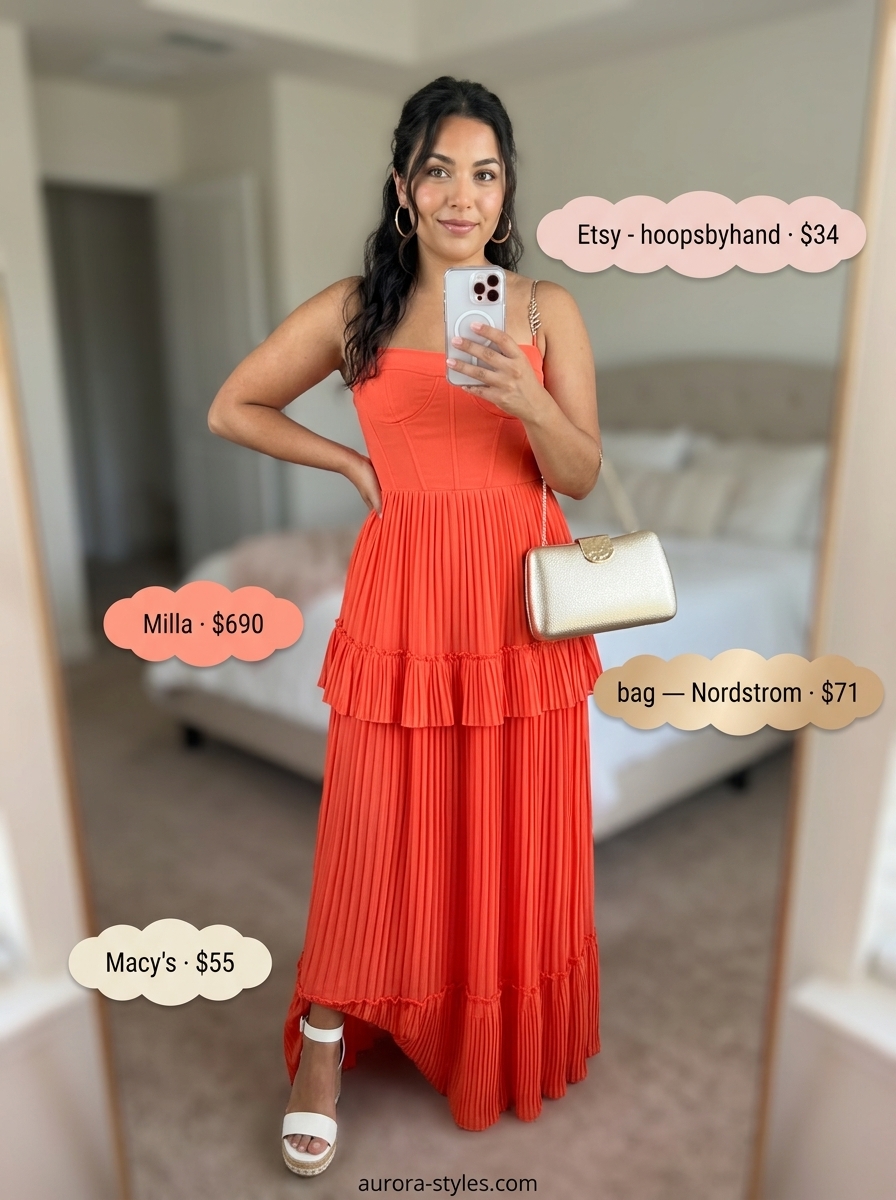 Vibrant coral maxi dress for summer outfits for women 2026. Elegant evening wear with espadrilles, gold earrings, and clutch.