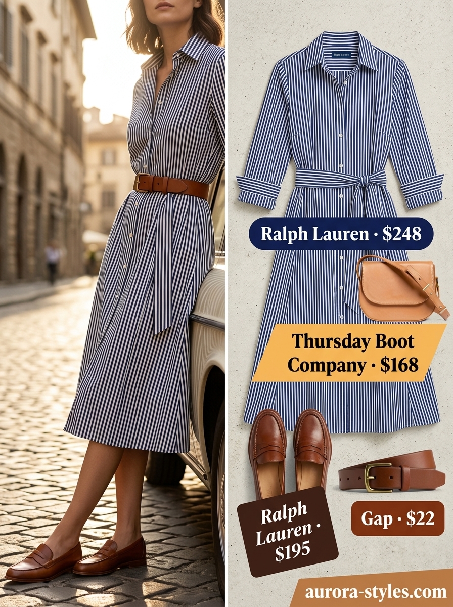 Classic navy and white shirtdress outfit for women 2026, perfect for casual work and daytime outings.