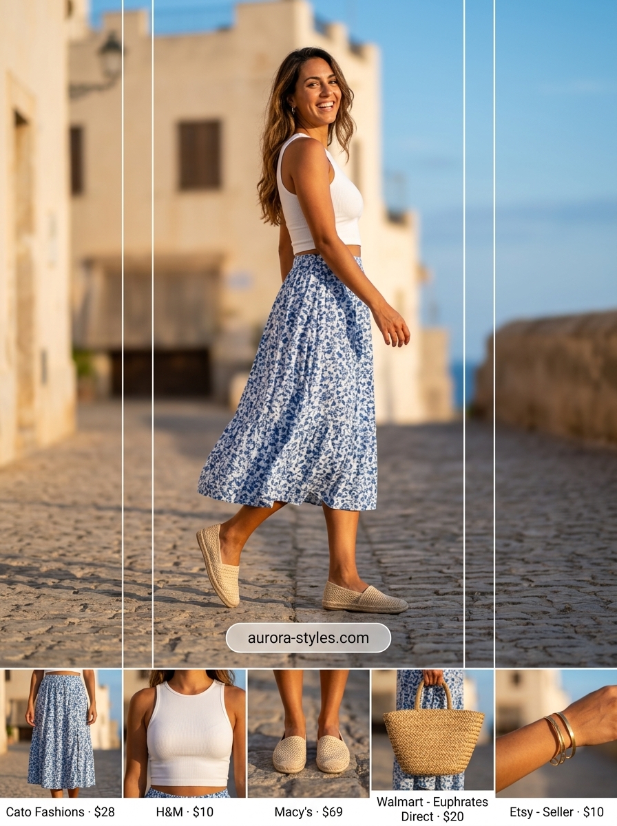 Bohemian floral midi skirt for summer outfits for women 2026. Vacation style with white tank, espadrilles, and straw bag.