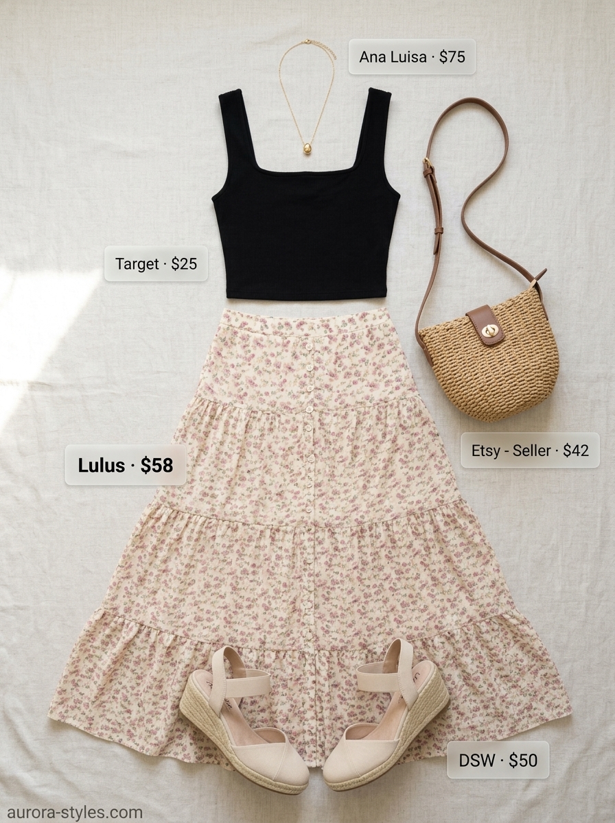 Feminine floral midi skirt for summer outfits for women 2026. Garden party look with black crop top, espadrilles, and straw bag.