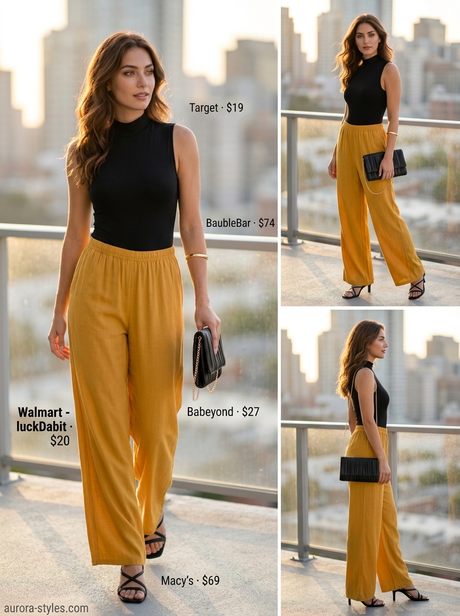 Sophisticated mustard yellow wide leg pants outfit for women in 2026, perfect for summer evening events.