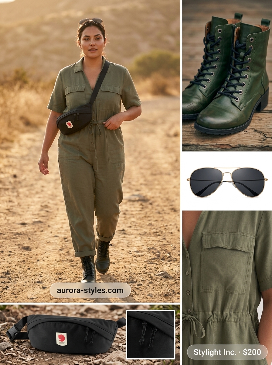 Adventurous khaki jumpsuit for summer outfits for women 2026. Travel style with ankle boots, belt bag, and sunglasses.