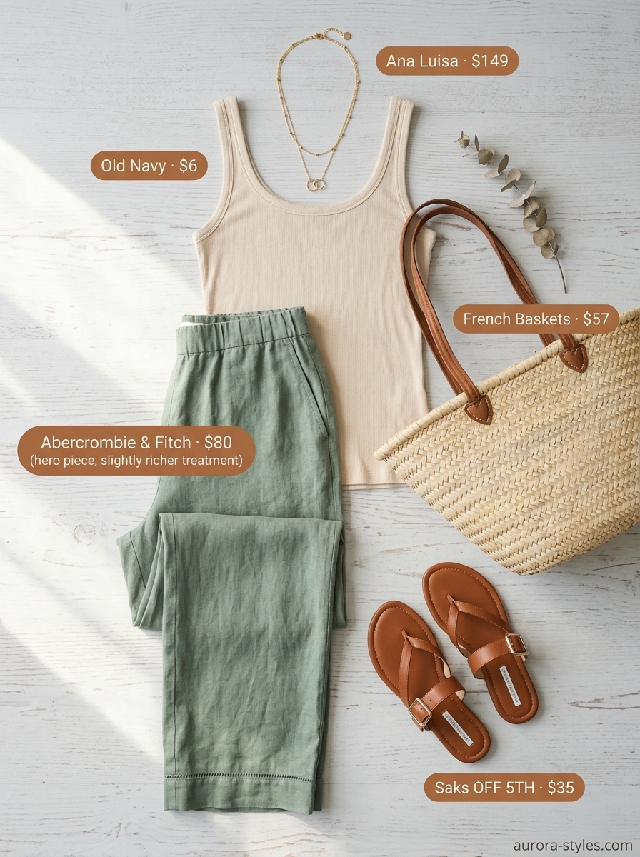 Coastal sage green linen pants for summer outfits for women 2026. Beach day style with cream tank, straw tote, and flat sandals.