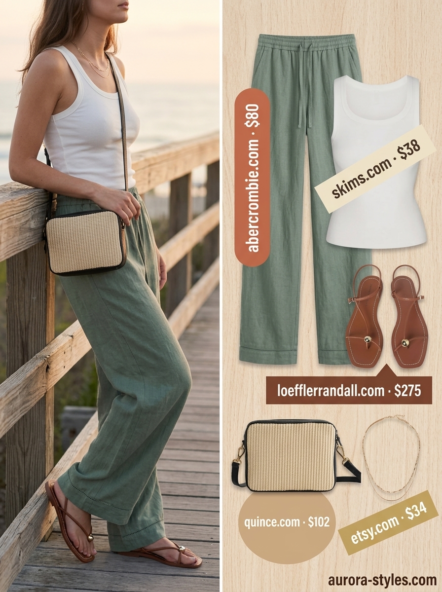 Relaxed sage green linen pants for summer outfits for women 2026. Casual evening look with cream tank, sandals, and layered gold.