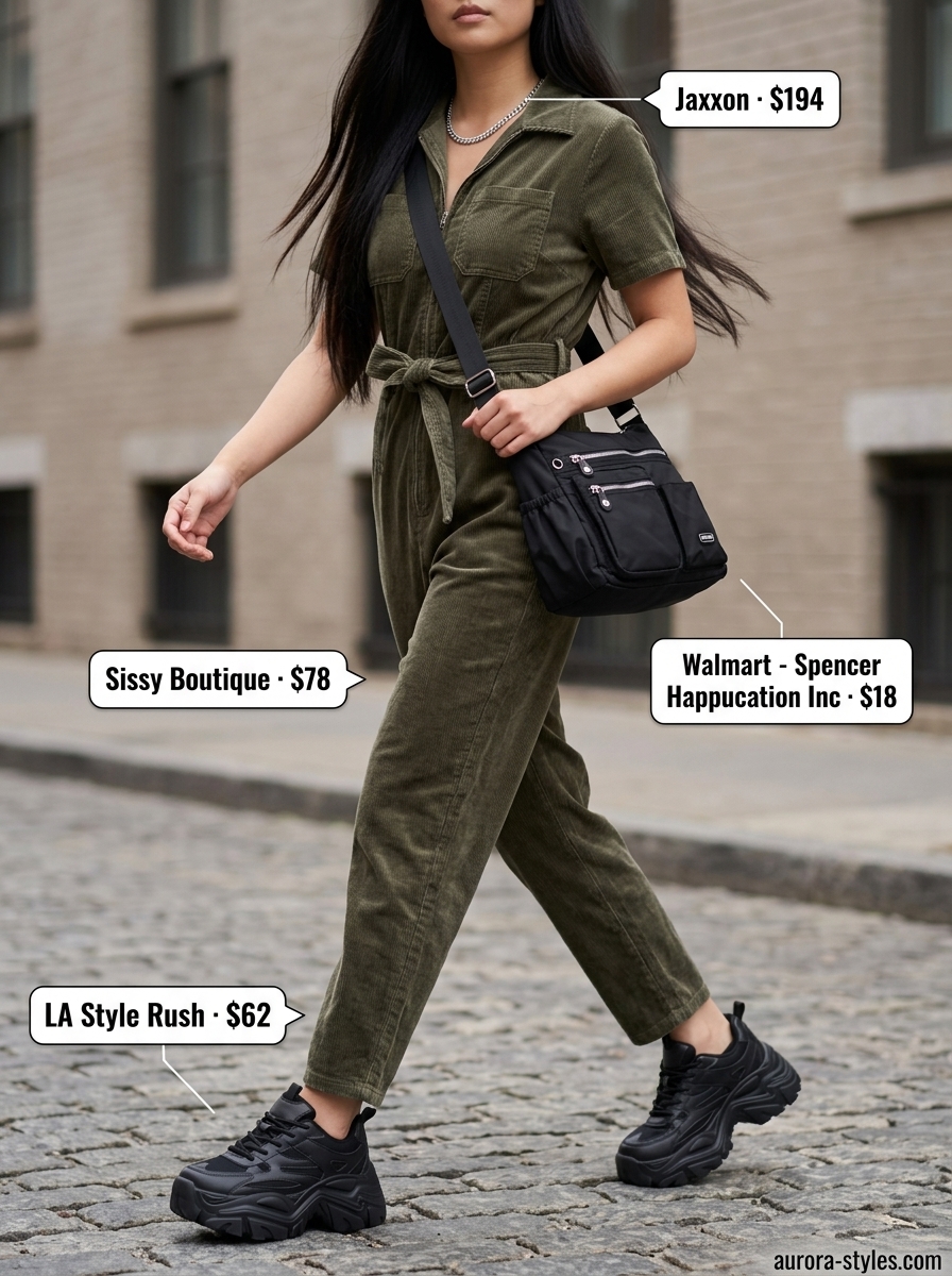 Edgy olive green utility jumpsuit outfit for women 2026, perfect for casual days and travel adventures.