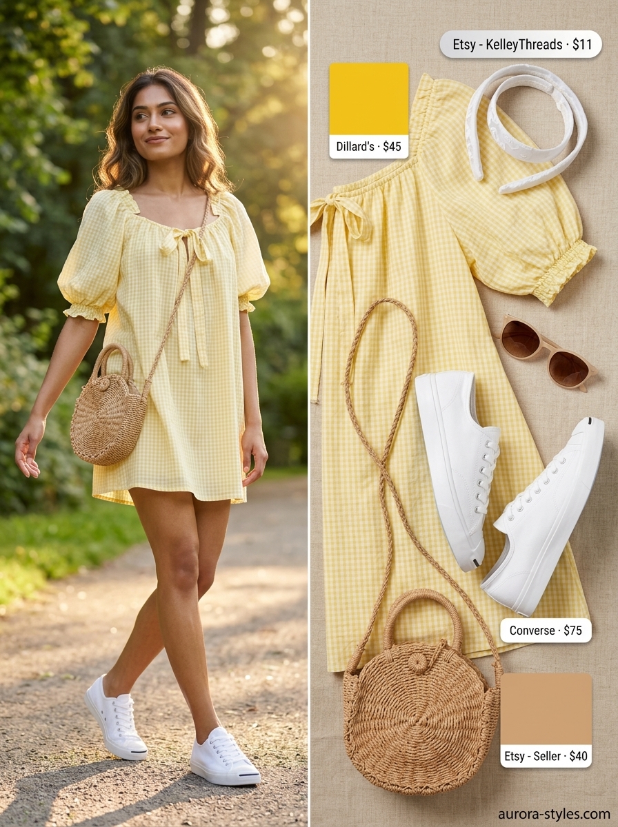 Playful yellow gingham mini sundress outfit for women 2026, perfect for picnics and casual days.