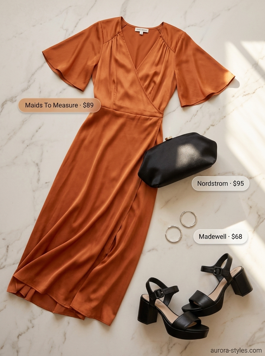 Vibrant mango orange midi wrap dress outfit for women 2026, ideal for rooftop dinners and summer dates.