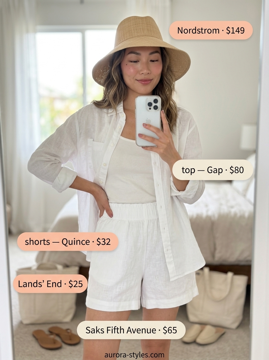 Beachy white linen shorts set outfit for women 2026, perfect for resort wear and casual days.