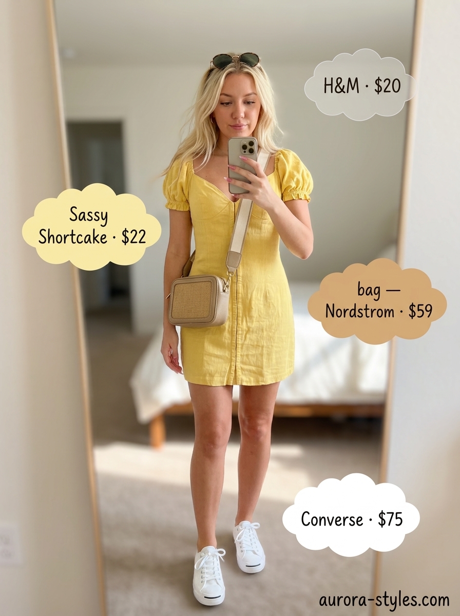 Playful bright yellow mini sundress outfit for women 2026, ideal for picnics and summer festivals.