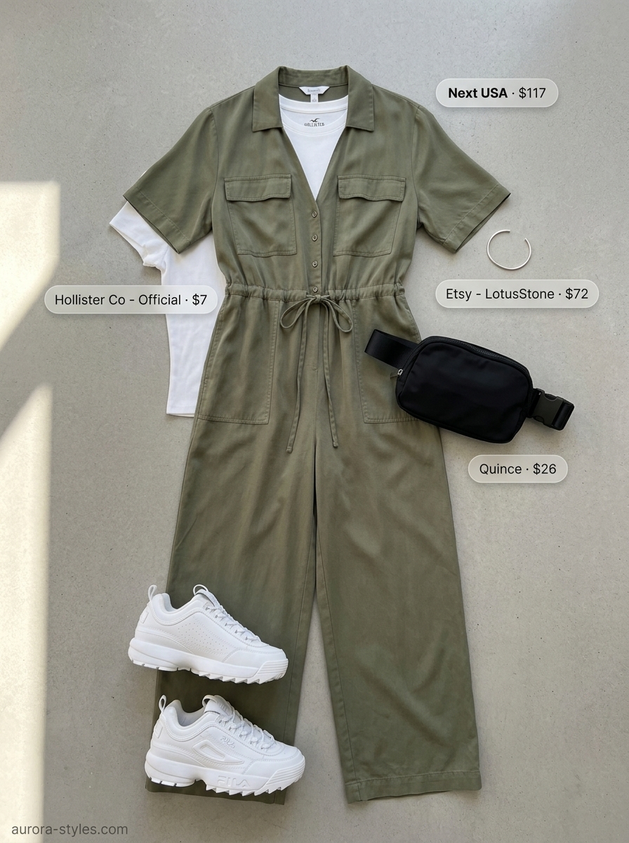 Modern olive green utility jumpsuit outfit for women 2026, perfect for casual days and travel.