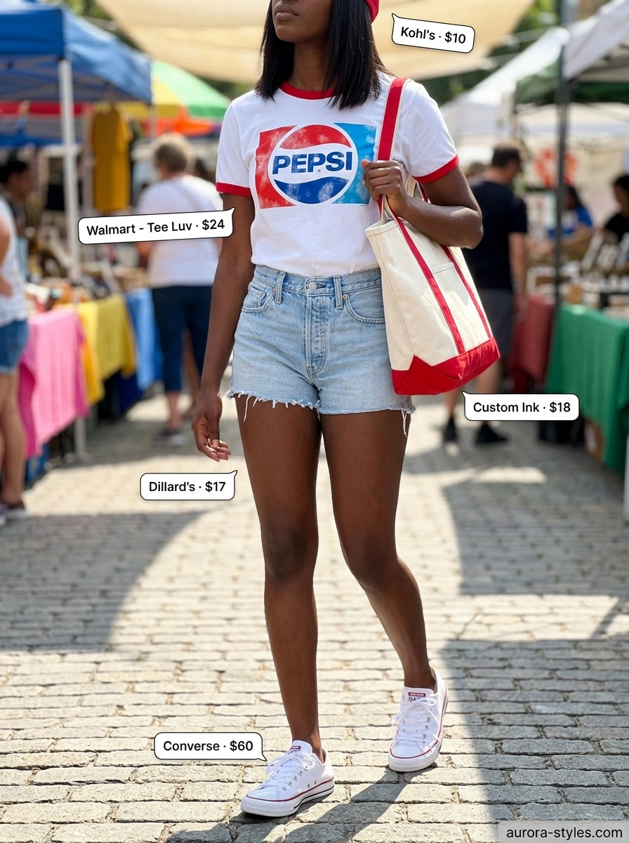 Casual denim shorts and graphic tee outfit for women 2026, great for weekend outings and markets.