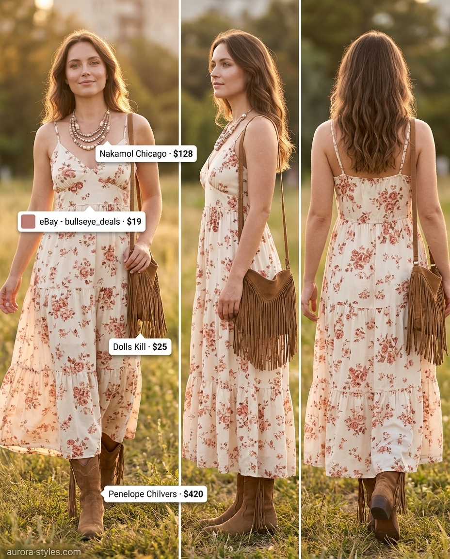 Boho maxi dress for summer outfits for women with brown hair 2026. Earthy floral print, mixed metals, and suede boots.