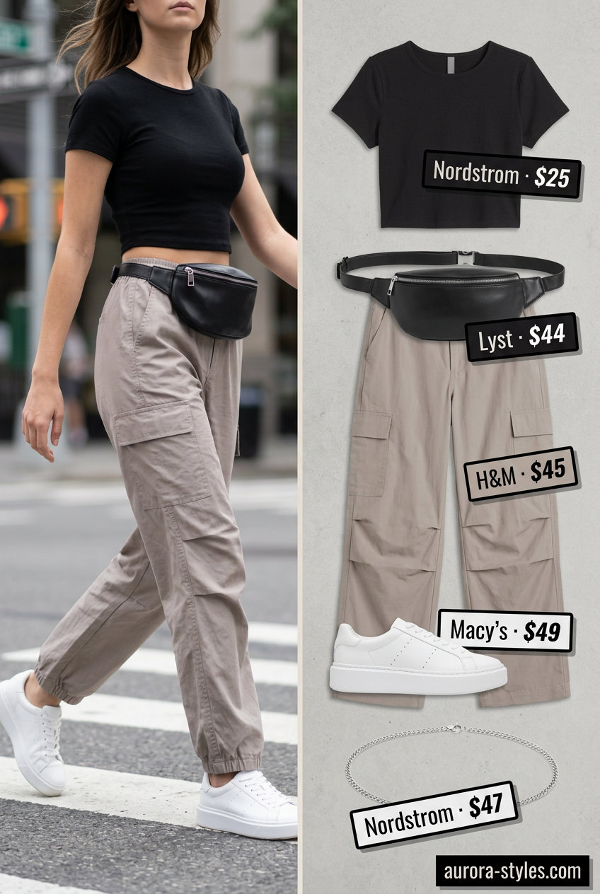 Casual cargo pants and crop top for summer outfits for women with brown hair 2026. Taupe, black, and white street style.