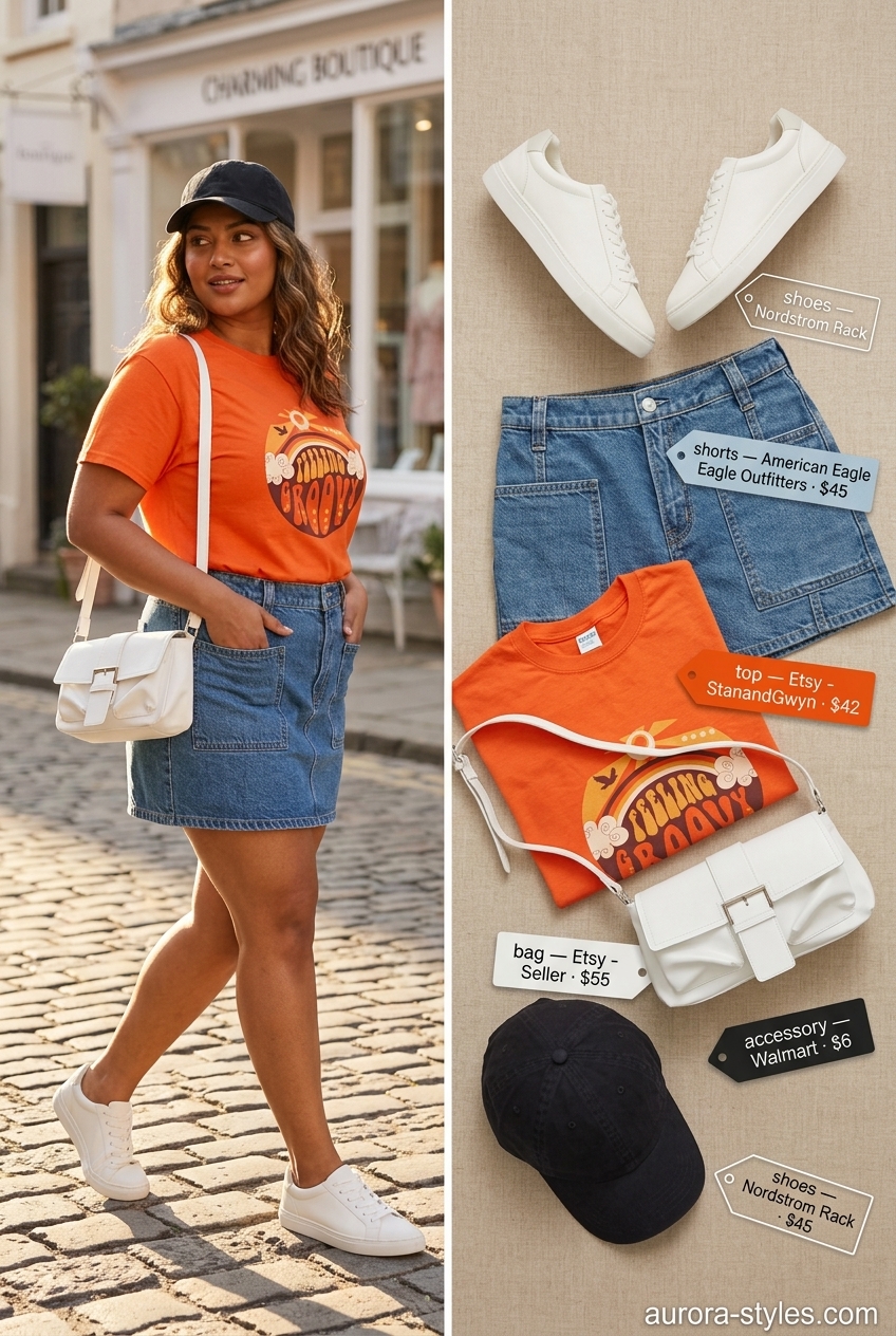 Playful denim shorts and graphic tee for summer outfits for women with brown hair 2026. Orange and denim casual day out.