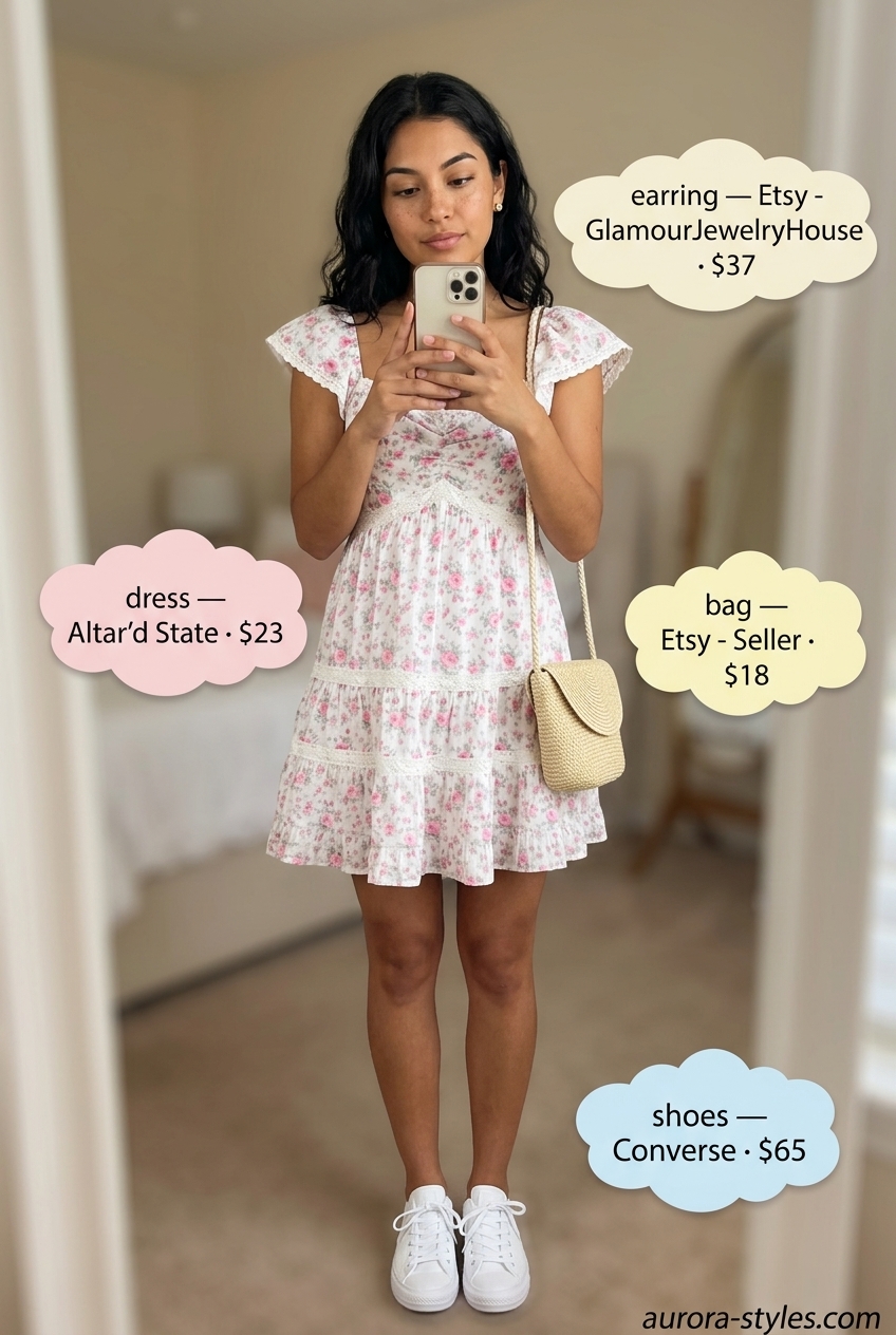 Feminine floral mini dress for summer outfits for women with brown hair 2026. Pastel print, white sneakers, and straw bag.