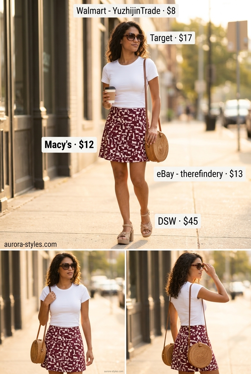 Playful geometric mini skirt for summer outfits for women with brown hair 2026. Retro vibe with brown sandals and sunglasses.