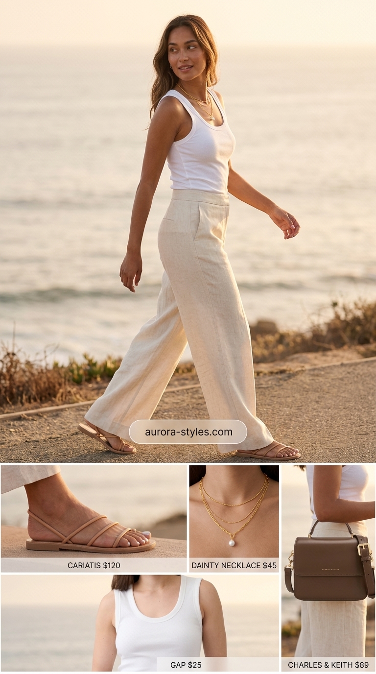 Effortless linen pants for summer outfits for women with brown hair 2026. Camel and cream relaxed sophisticated style.