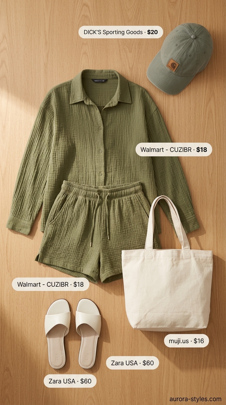 Relaxed linen shorts set for summer outfits for women with brown hair 2026. Olive green and off-white casual weekend wear.