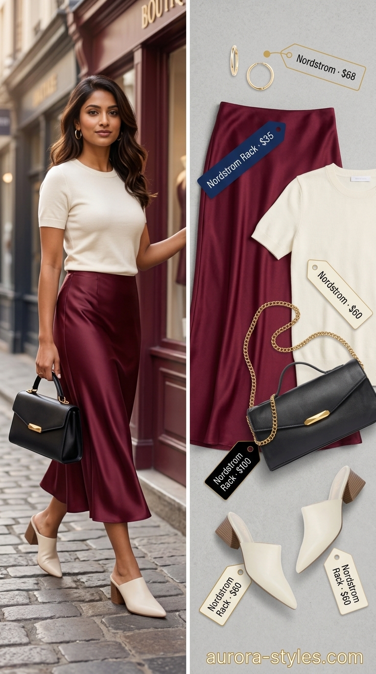 Elegant monochromatic midi skirt outfit for summer outfits for women with brown hair 2026. Burgundy satin and cream knit.