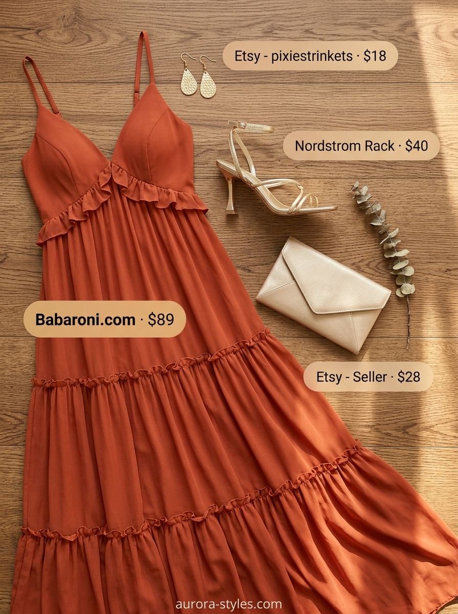 Elegant terracotta maxi dress for summer outfits for women with brown hair 2026. Gold accessories and strappy heels.