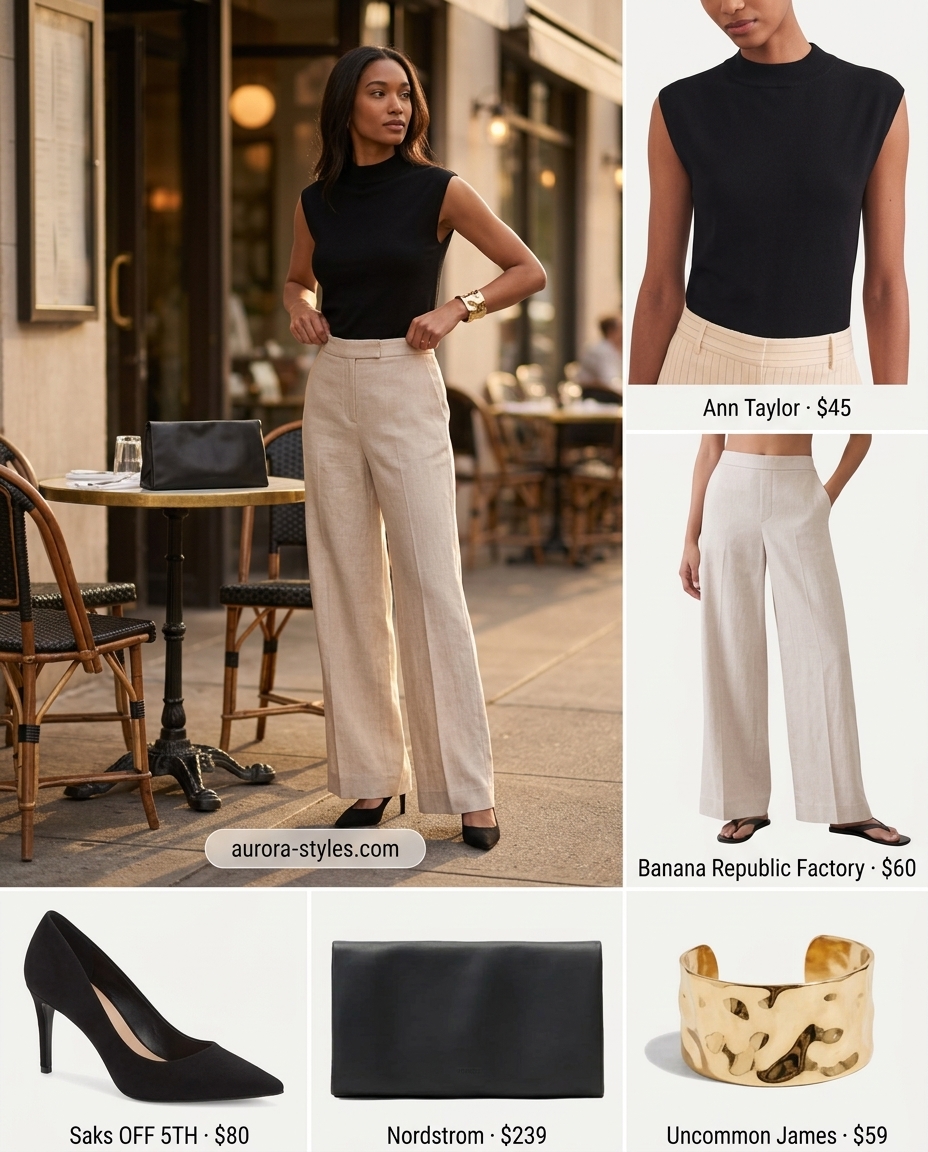 Sophisticated wide-leg trousers for summer outfits for women with brown hair 2026. Beige and black smart casual evening wear.
